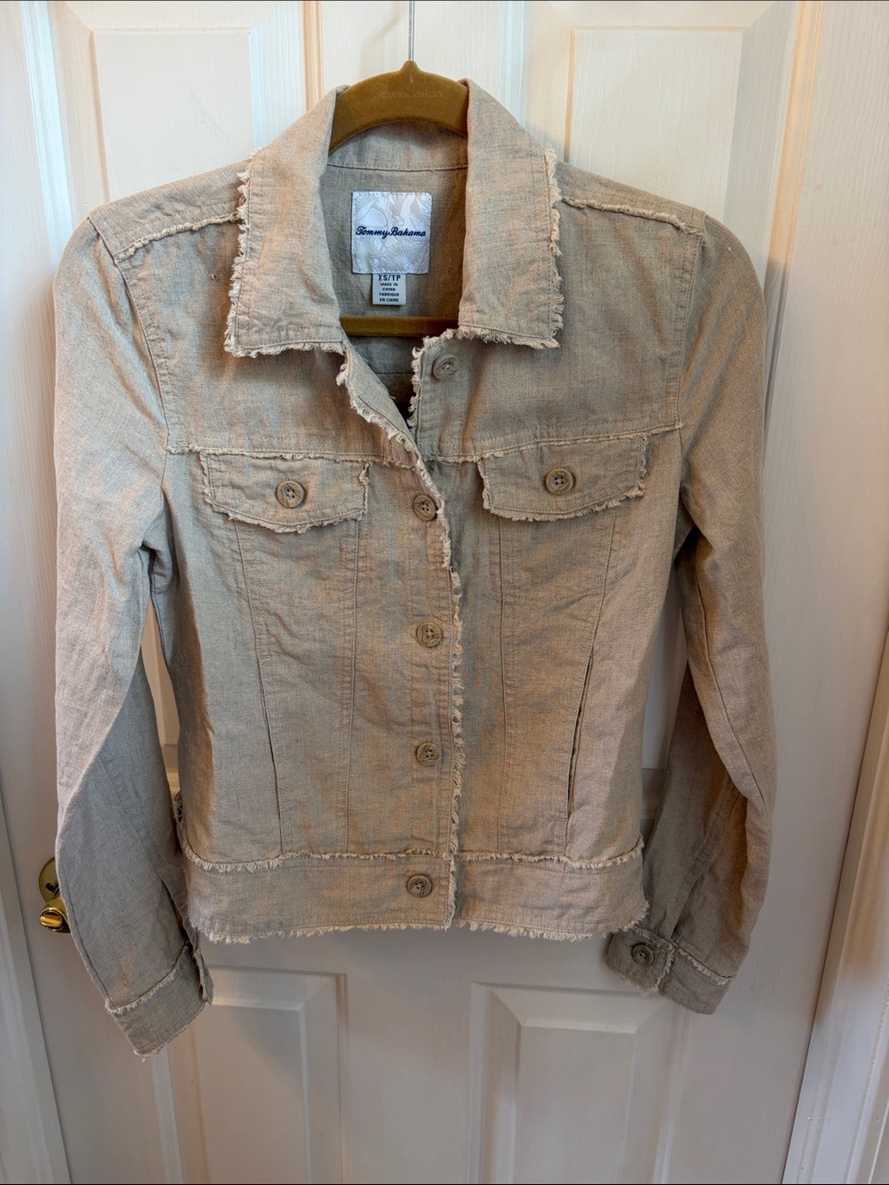 Tommy Bahama Beige Frayed-Trim Linen Jacket